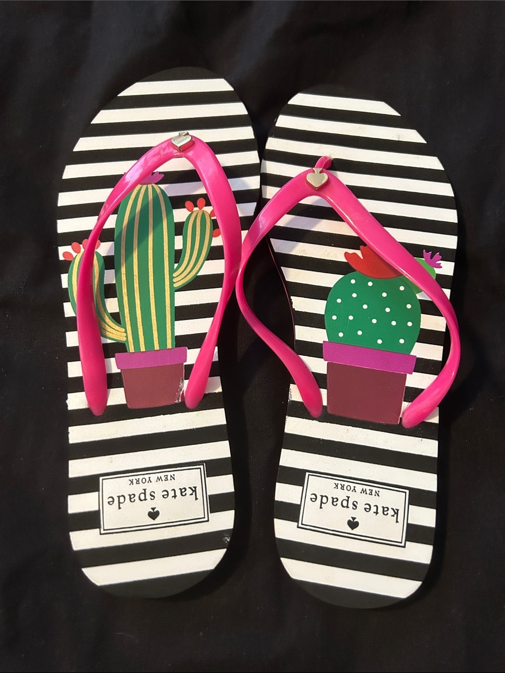 kate spade Black & White Striped Flip Flops with Pink Straps and Cactus Motif